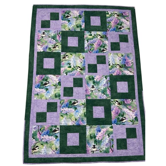 Handmade Patchwork Quilt Throw Lap Blanket 56” x 39” Lilac Chickadees - Picture 1 of 8
